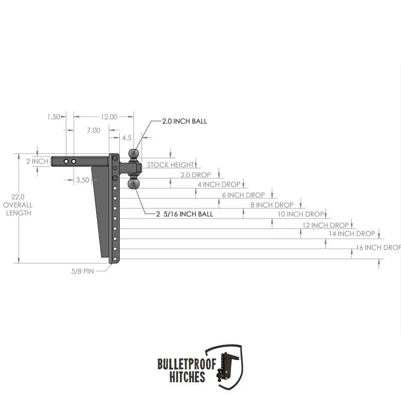 Bulletproof Hitch 2.0" Shank Heavy Duty 16" Drop/Rise Hitch - Image 10