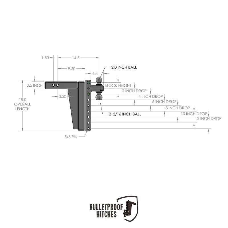 Bulletproof Hitch 2.5" Shank Extreme Duty 12" Drop/Rise Hitch - Image 10