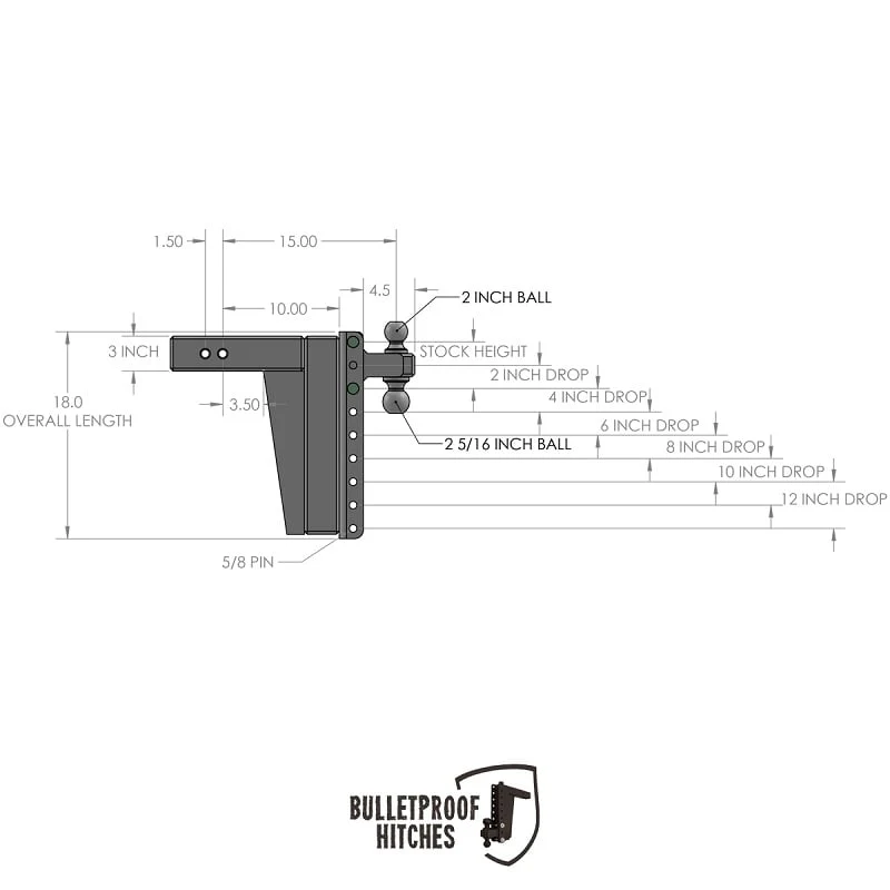 Bulletproof Hitch 3.0" Shank Extreme Duty 12" Drop/Rise Hitch - Image 10