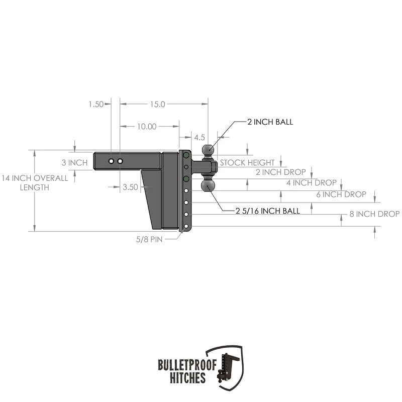 Bulletproof Hitch 3.0" Shank Extreme Duty 8" Drop/Rise Hitch - Image 10